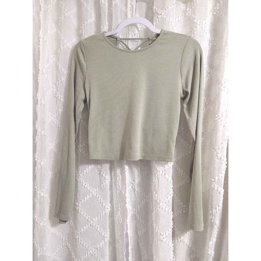 Sage Green‎ Ribbed Long Sleeve Lace Up Open Back Cropped Top Womens Small